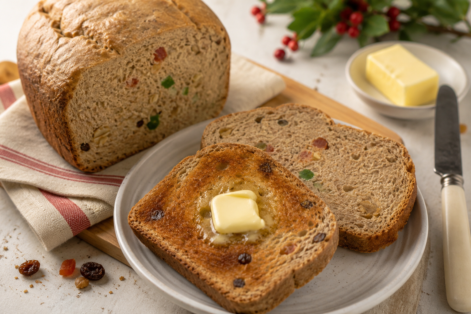 Holiday cinnamon toasting bread loaf with dried fruit and warm spices.