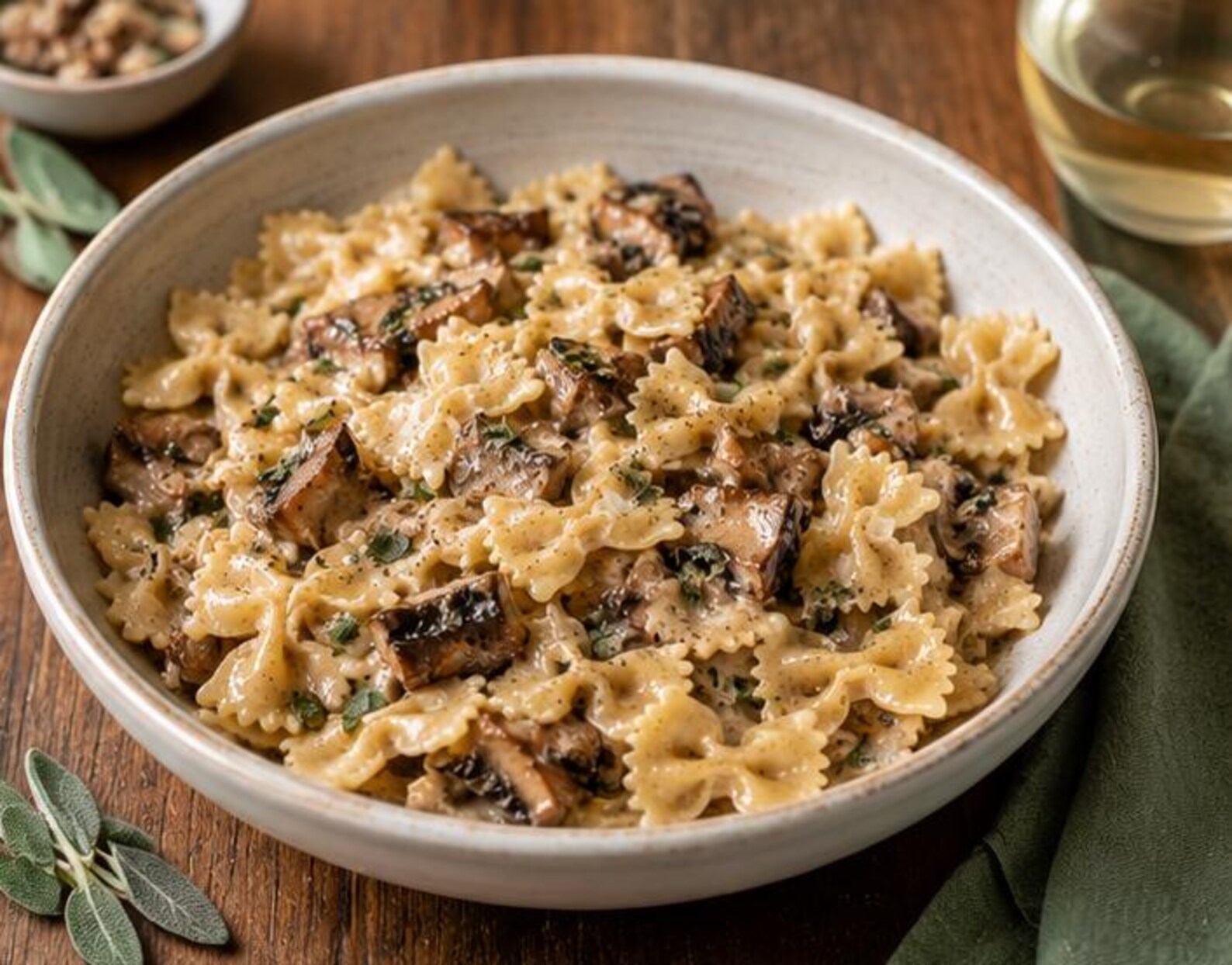 Creamy bow tie pasta with portobello and shiitake mushrooms.