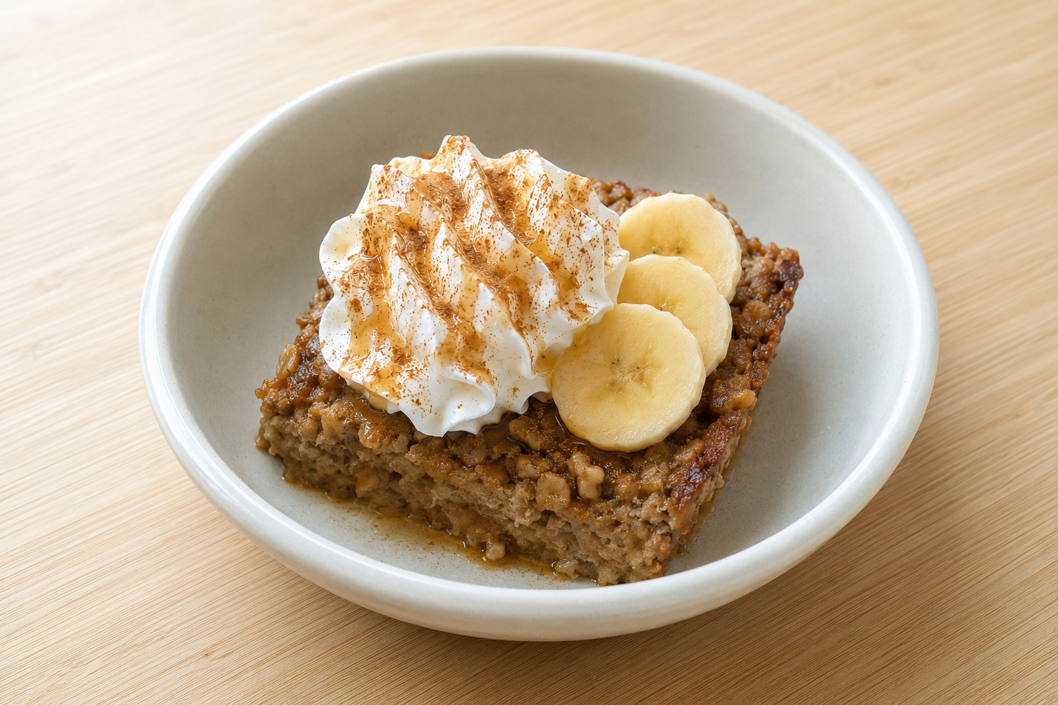 Banana walnut baked oats baked in a small dish until soft and lightly caramelized.